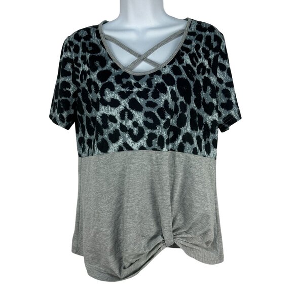 Leopard Print & Gray Knot Front Top Womens Size Medium Shein Polyester/Spandex - Picture 1 of 5